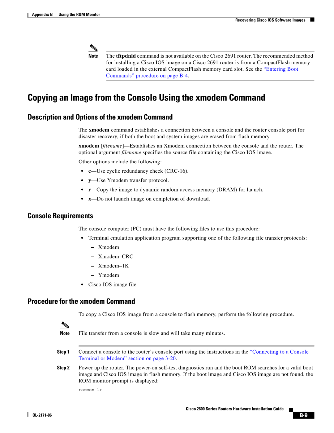 Cisco Systems 2600 manual Copying an Image from the Console Using the xmodem Command, Console Requirements 