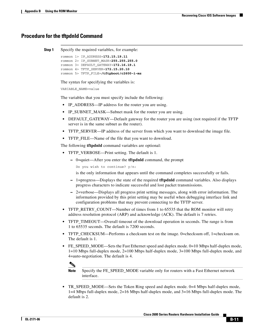 Cisco Systems 2600 manual Procedure for the tftpdnld Command, Specify the required variables, for example 