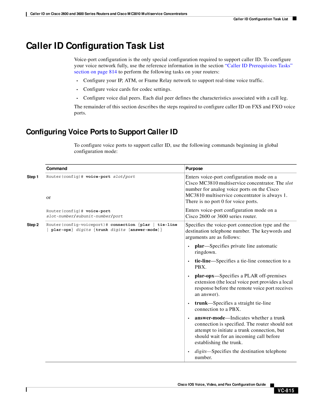 Cisco Systems 2600 Caller ID Configuration Task List, Configuring Voice Ports to Support Caller ID, Command Purpose 