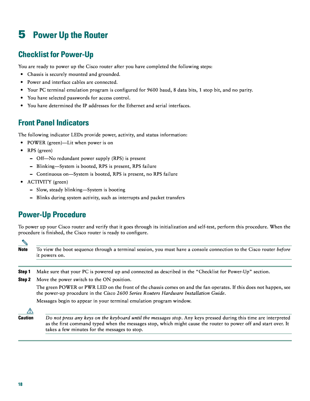 Cisco Systems 2600XM, 2612 Power Up the Router, Checklist for Power-Up, Front Panel Indicators, Power-Up Procedure 