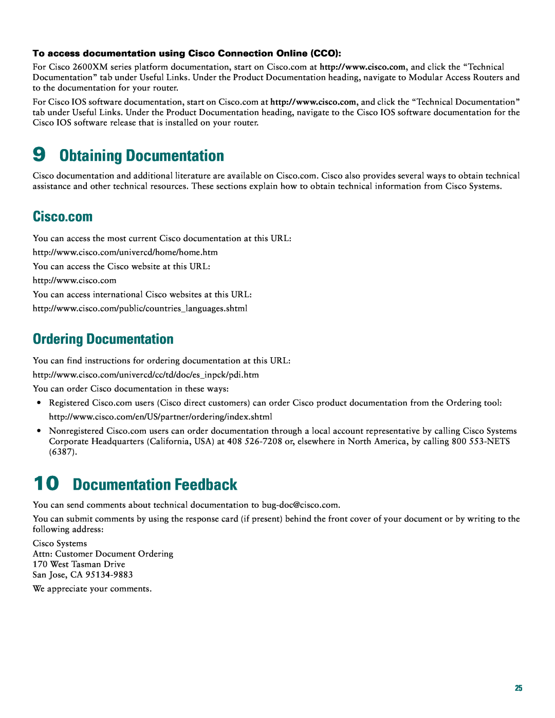 Cisco Systems 2612, 2600XM quick start Obtaining Documentation, Documentation Feedback, Cisco.com, Ordering Documentation 