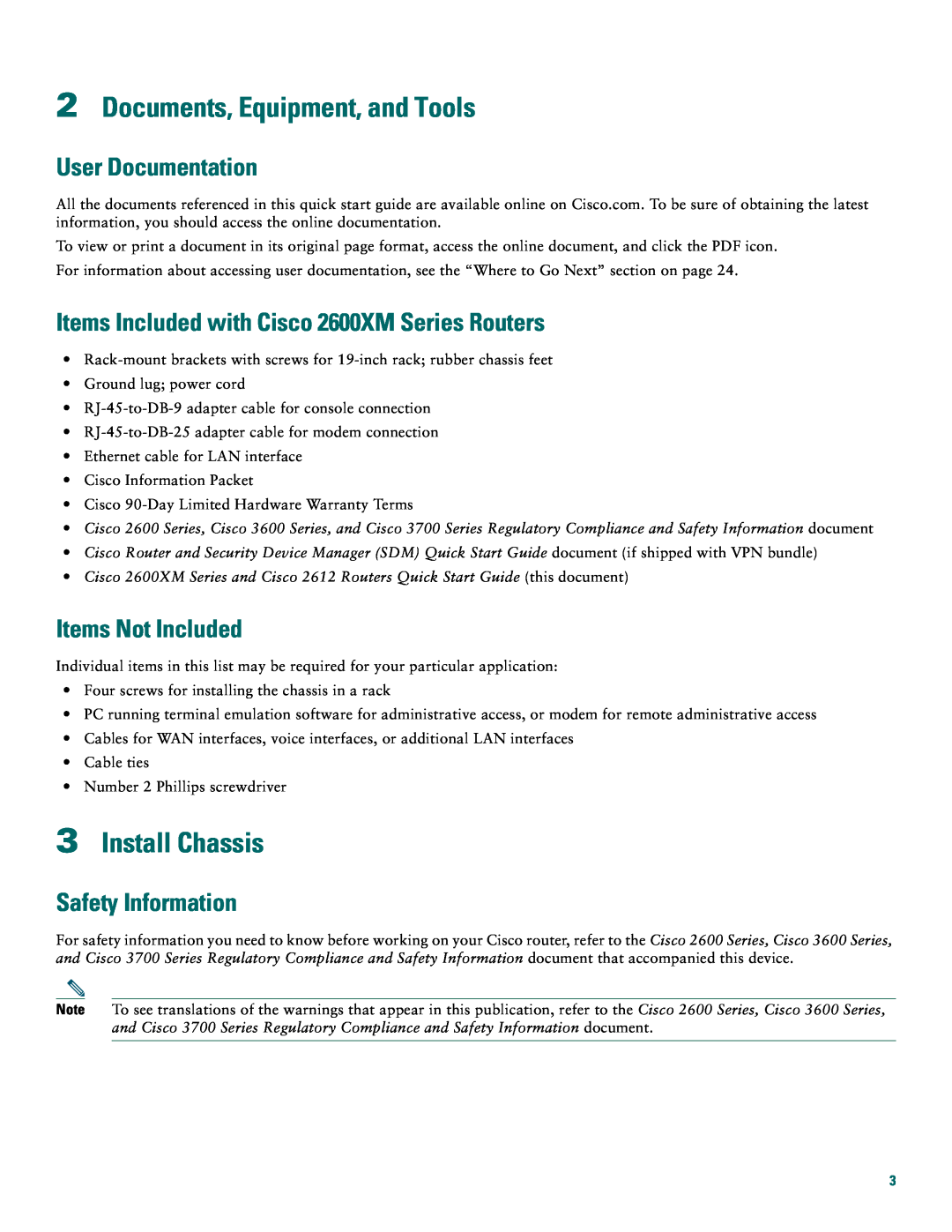 Cisco Systems 2612, 2600XM Documents, Equipment, and Tools, Install Chassis, User Documentation, Items Not Included 