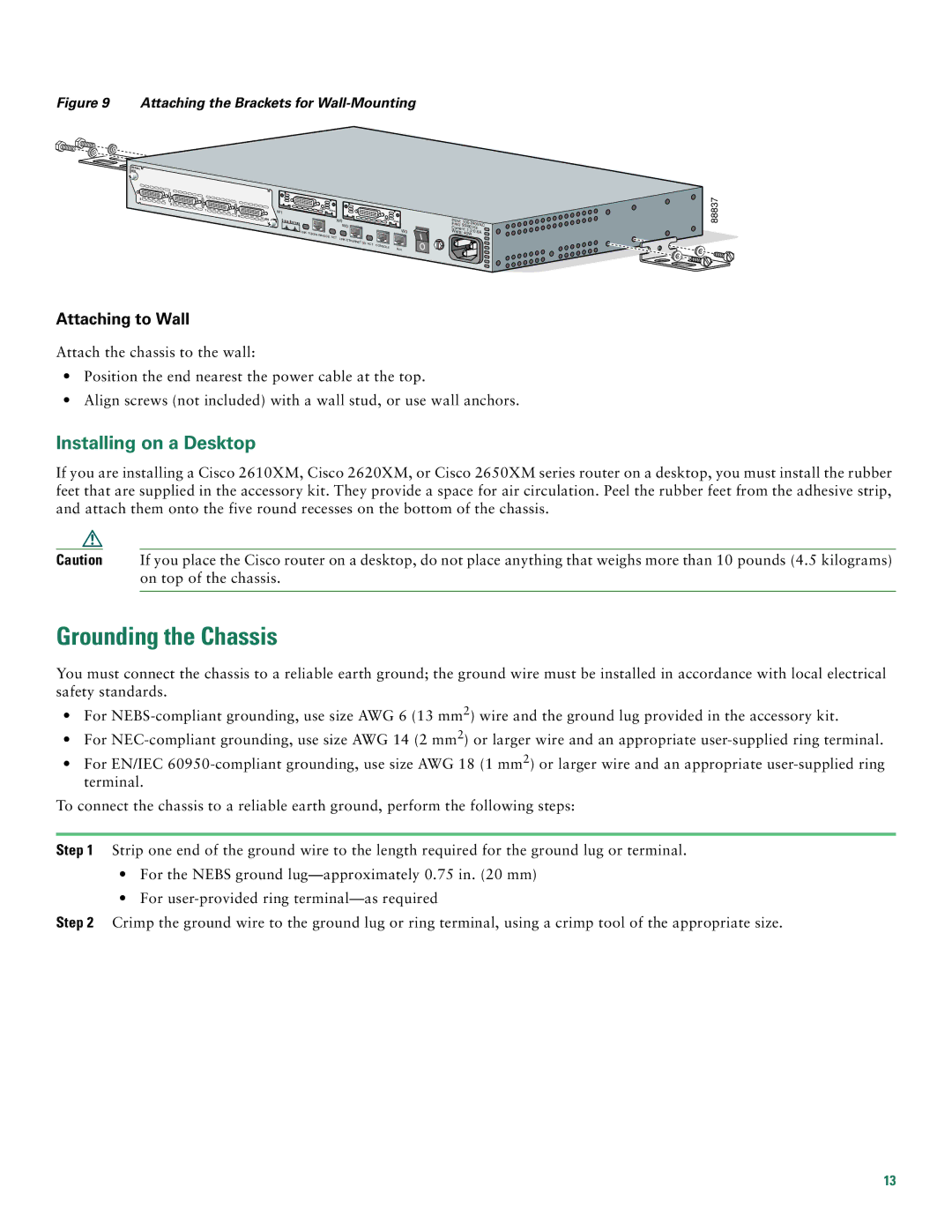 Cisco Systems 2612, 2600XM quick start Grounding the Chassis, Installing on a Desktop, Attaching to Wall 