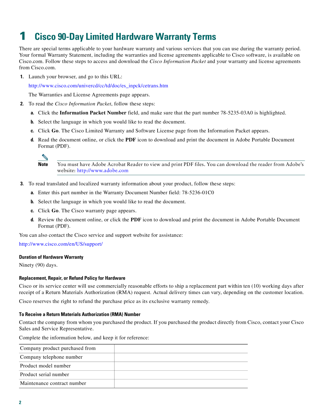 Cisco Systems 2600XM, 2612 quick start Cisco 90-Day Limited Hardware Warranty Terms, Duration of Hardware Warranty 