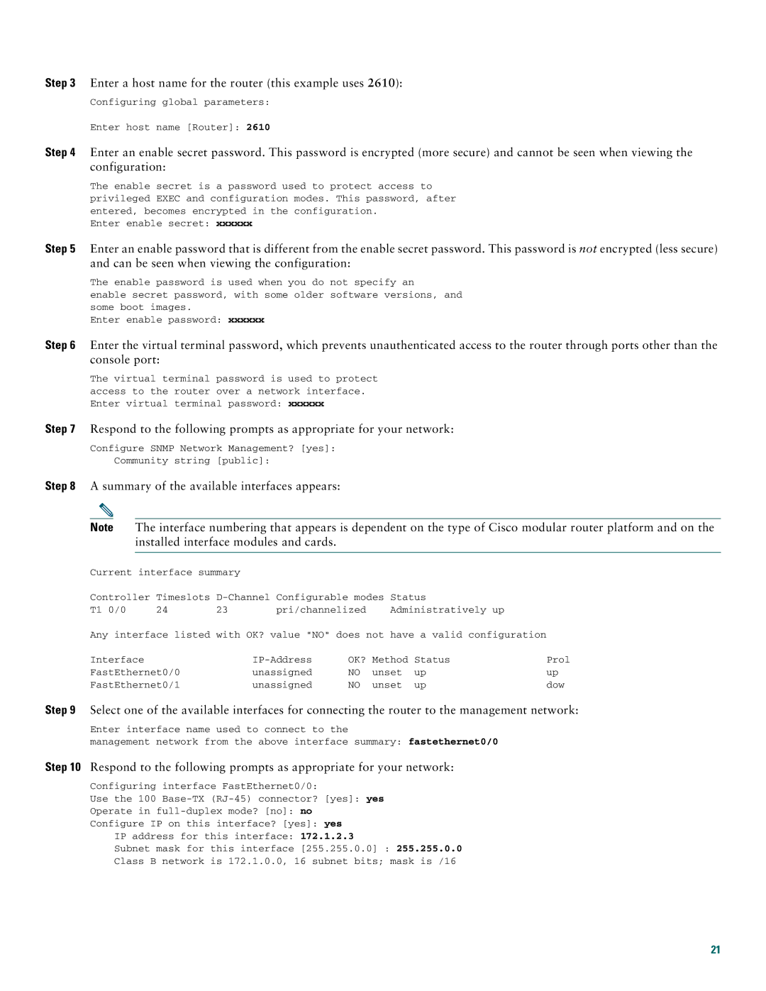 Cisco Systems 2612, 2600XM quick start Enter a host name for the router this example uses 