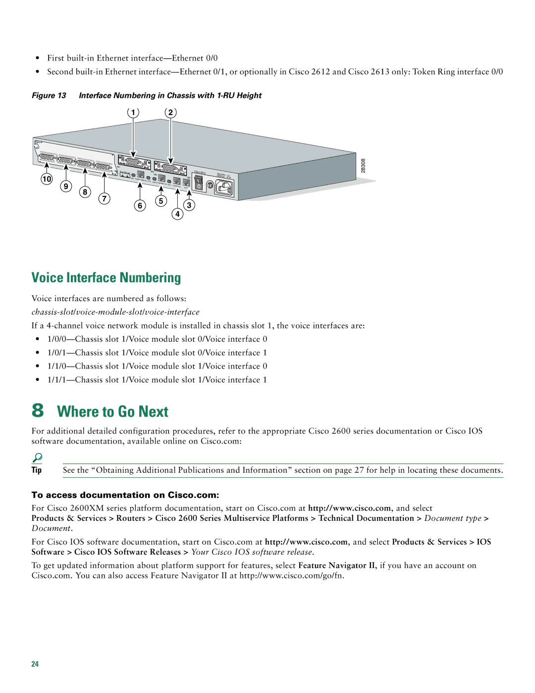 Cisco Systems 2600XM, 2612 quick start Where to Go Next, Voice Interface Numbering, To access documentation on Cisco.com 