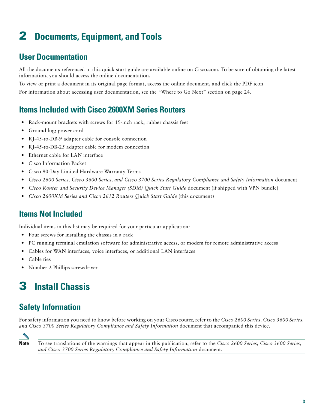 Cisco Systems 2612, 2600XM quick start Documents, Equipment, and Tools, Install Chassis 