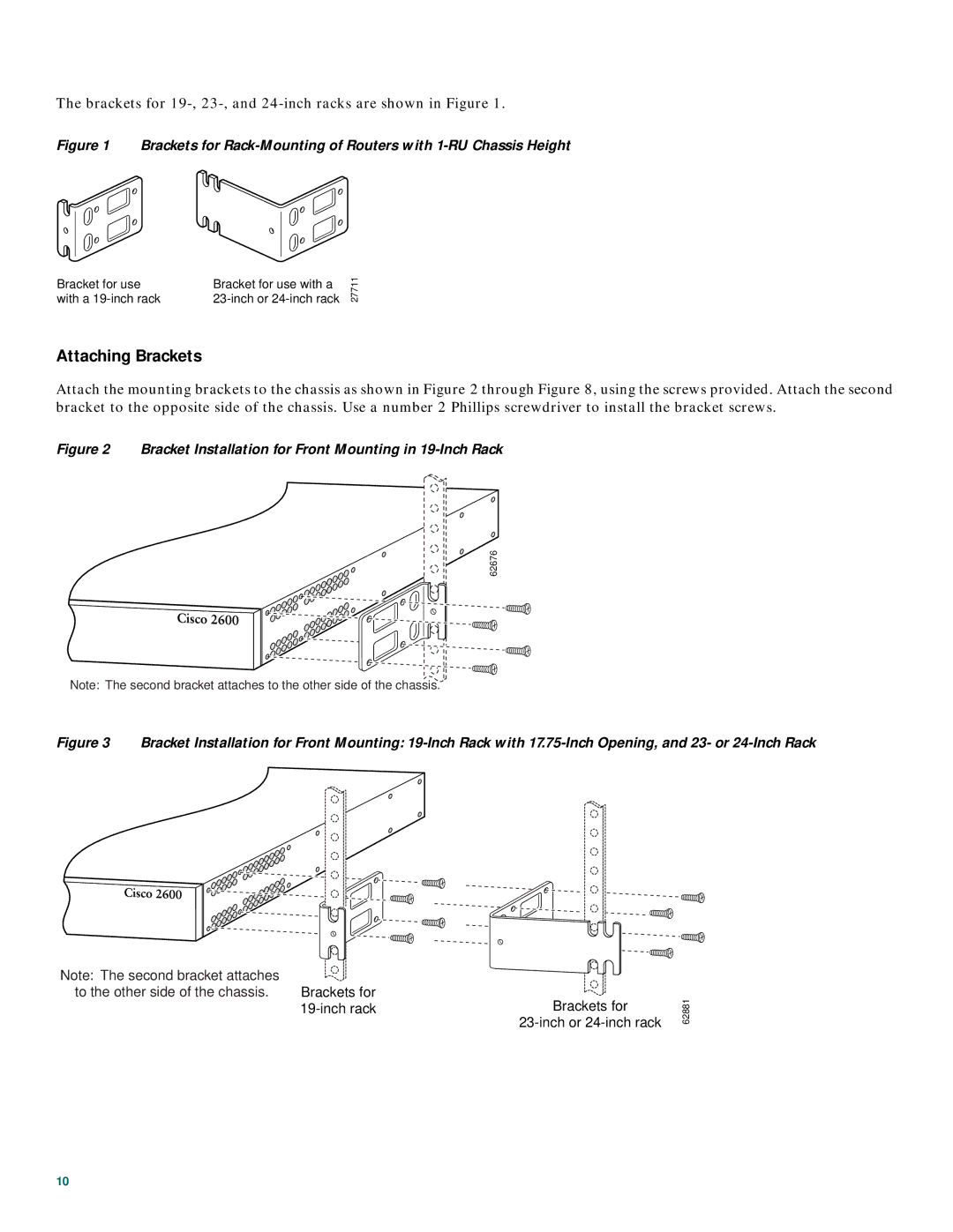 Cisco Systems 2600XM Series quick start Attaching Brackets, Bracket Installation for Front Mounting in 19-Inch Rack 