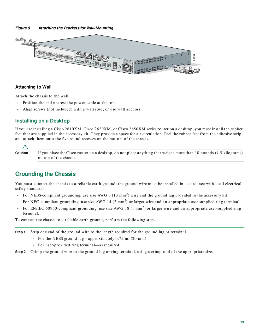 Cisco Systems 2600XM Series quick start Grounding the Chassis, Installing on a Desktop, Attaching to Wall 