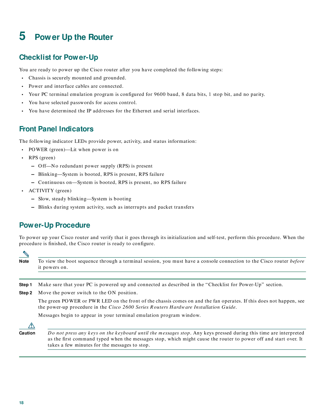 Cisco Systems 2600XM Series Power Up the Router, Checklist for Power-Up, Front Panel Indicators, Power-Up Procedure 