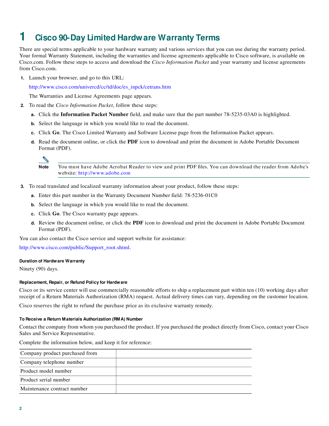 Cisco Systems 2600XM Series quick start Cisco 90-Day Limited Hardware Warranty Terms, Duration of Hardware Warranty 