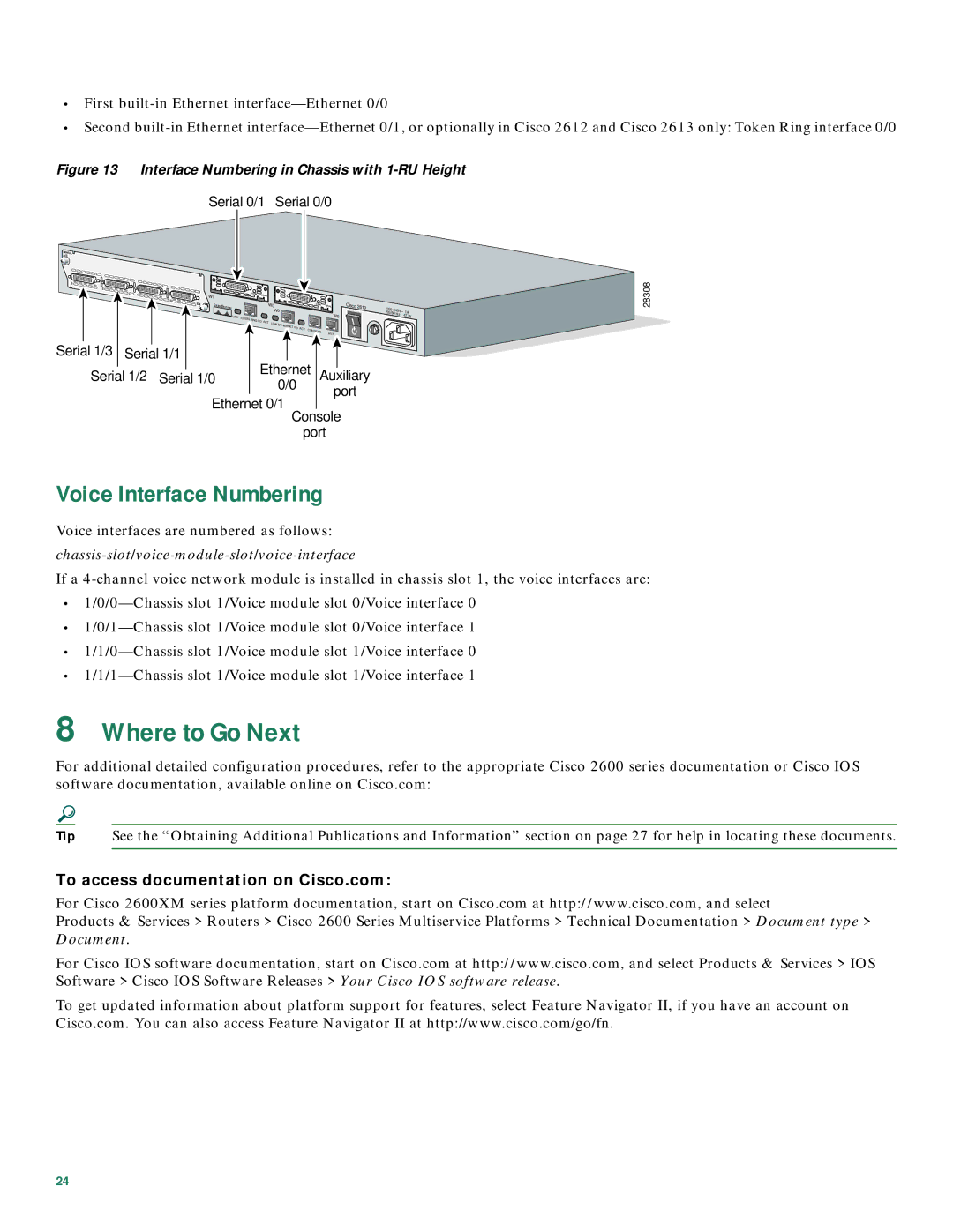 Cisco Systems 2600XM Series quick start Where to Go Next, Voice Interface Numbering, To access documentation on Cisco.com 