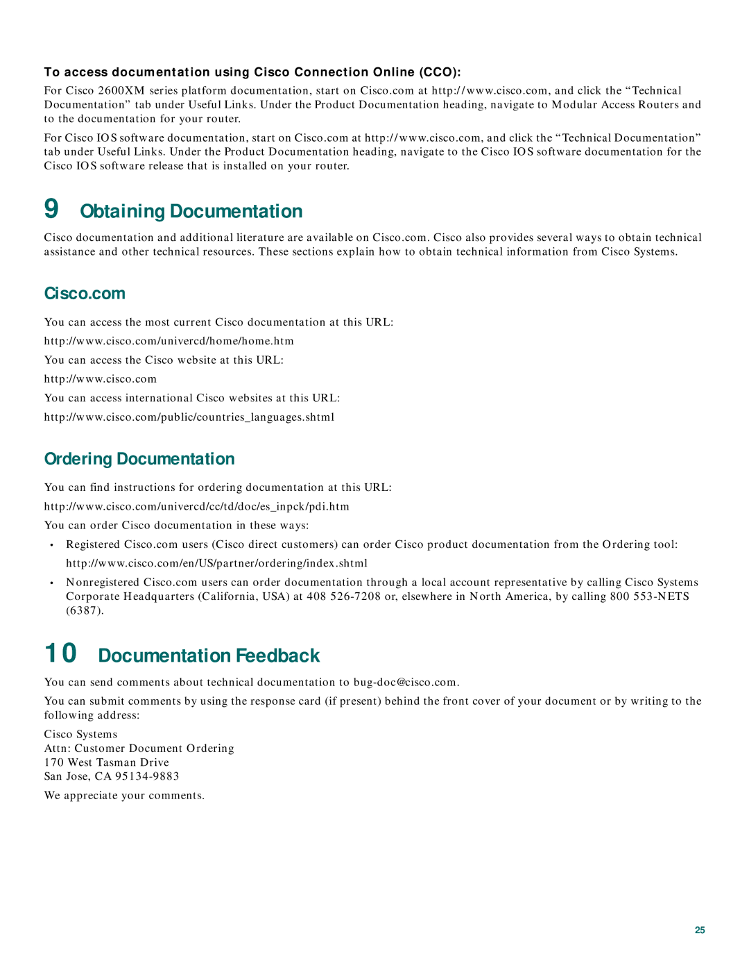 Cisco Systems 2600XM Series quick start Obtaining Documentation, Documentation Feedback, Cisco.com, Ordering Documentation 