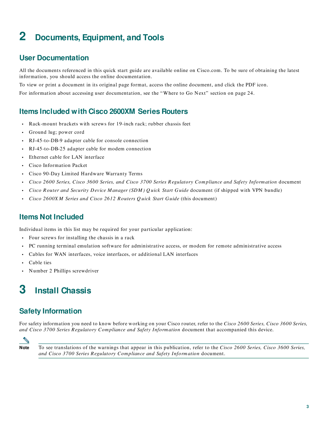 Cisco Systems 2600XM Series quick start Documents, Equipment, and Tools, Install Chassis 