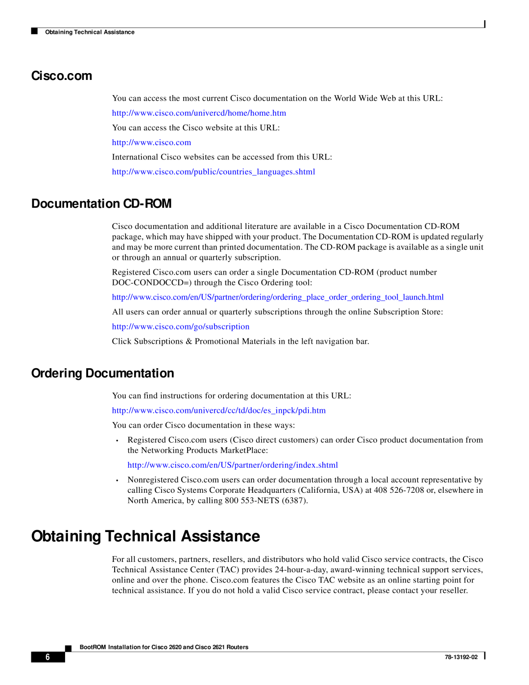 Cisco Systems 2621, 2620 manual Obtaining Technical Assistance, Cisco.com, Documentation CD-ROM, Ordering Documentation 