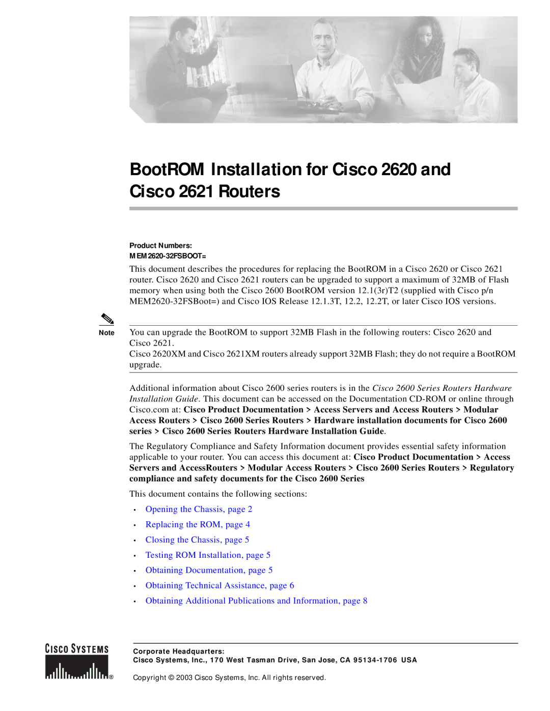 Cisco Systems manual BootROM Installation for Cisco 2620 Cisco 2621 Routers 