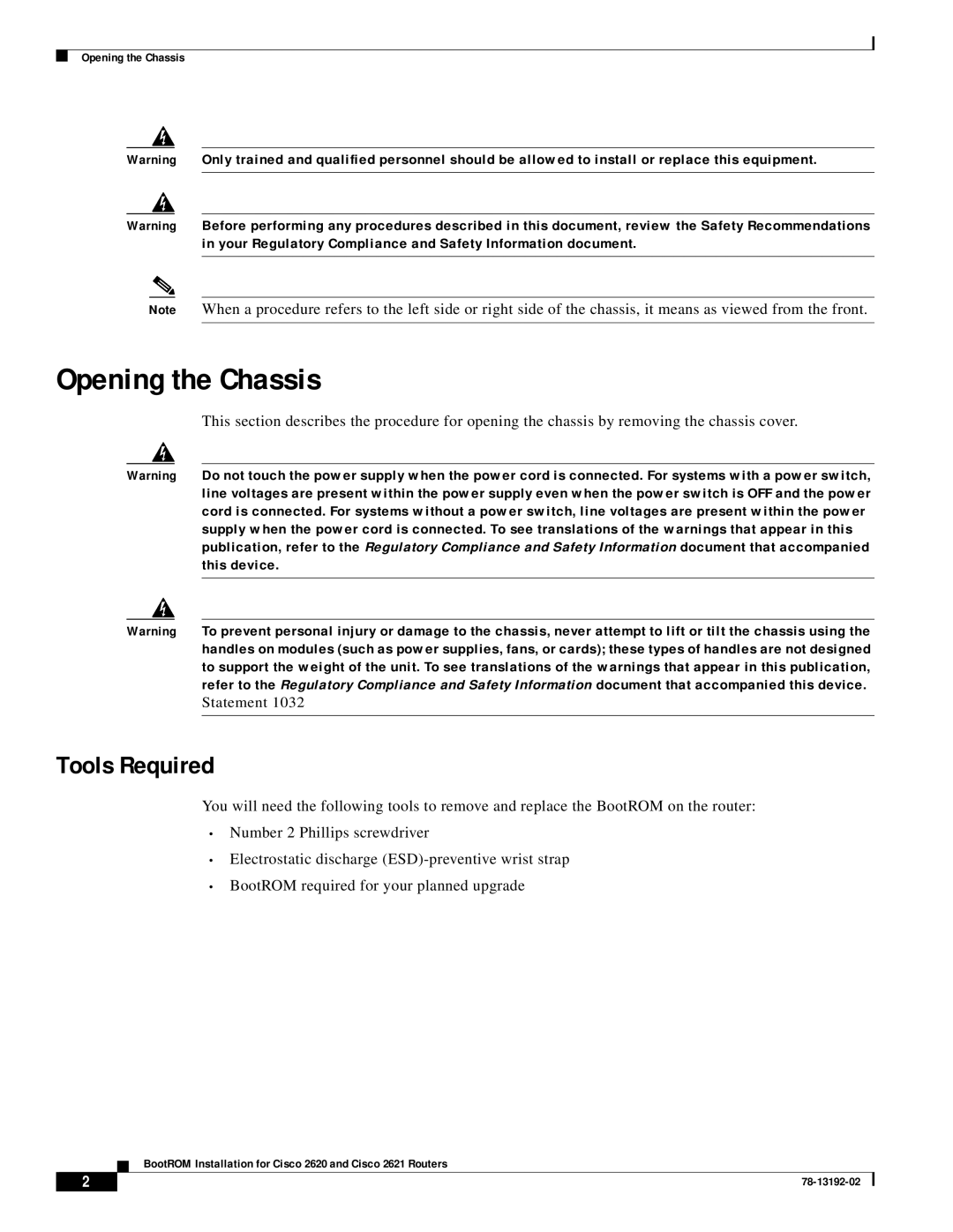 Cisco Systems 2621, 2620 manual Opening the Chassis, Tools Required 