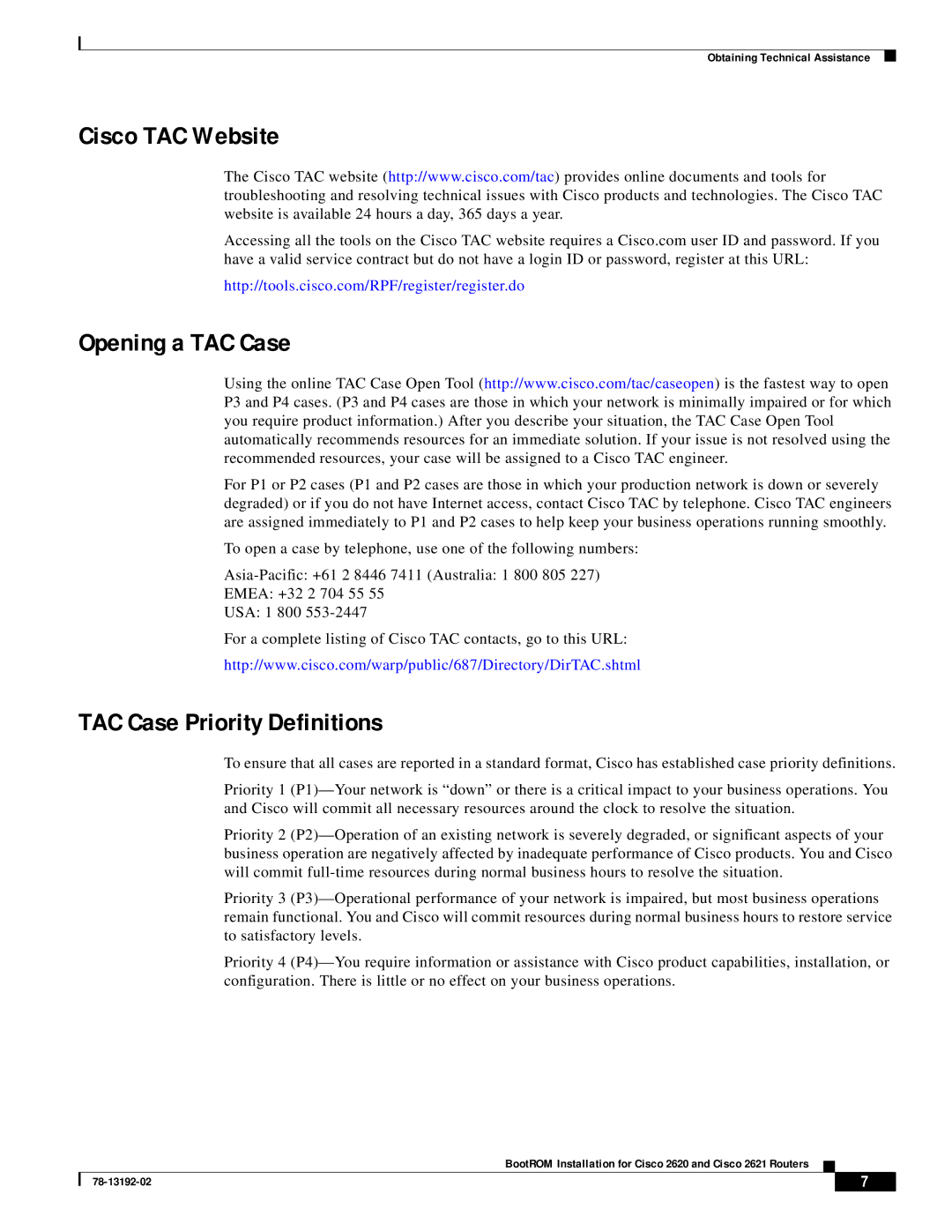 Cisco Systems 2620, 2621 manual Cisco TAC Website Opening a TAC Case, TAC Case Priority Definitions 