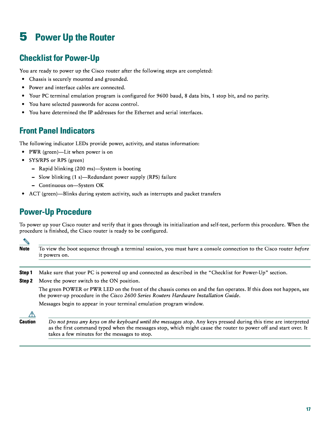Cisco Systems 2691 quick start Power Up the Router, Checklist for Power-Up, Front Panel Indicators, Power-Up Procedure 