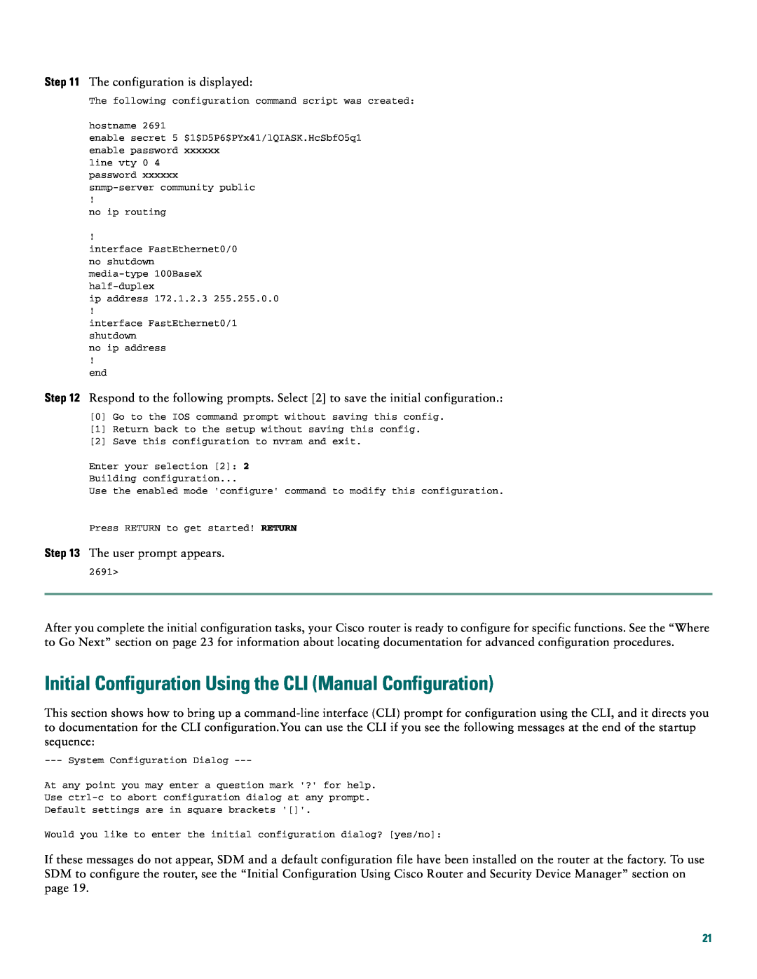 Cisco Systems 2691 quick start Initial Configuration Using the CLI Manual Configuration 
