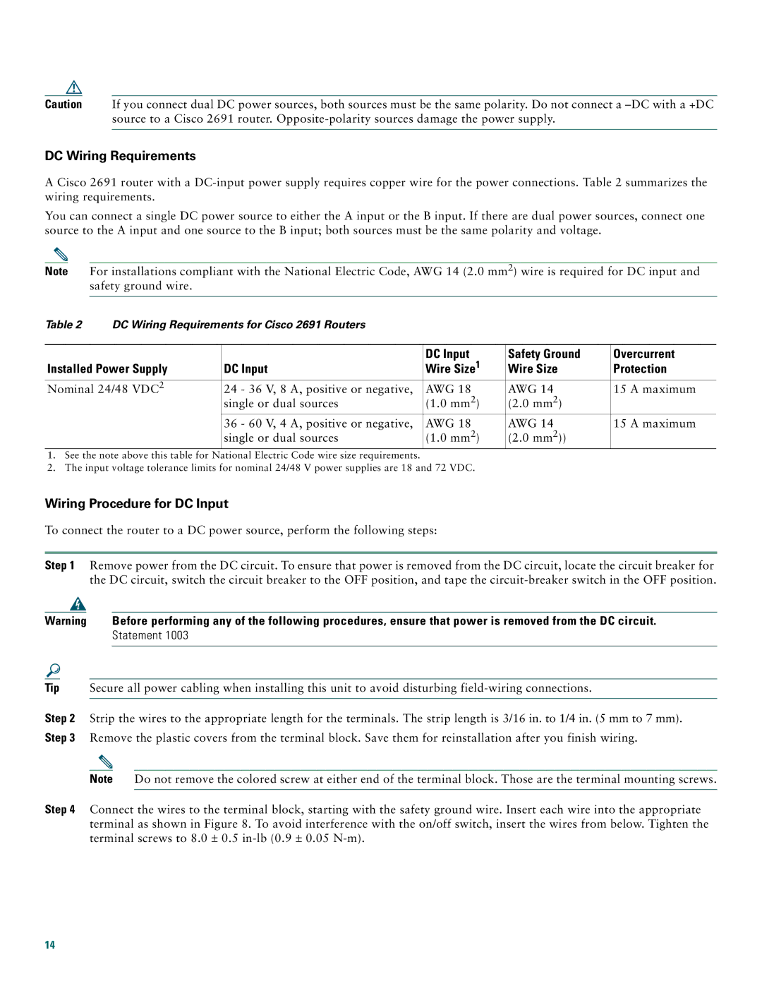 Cisco Systems 2691 quick start DC Wiring Requirements, Statement 