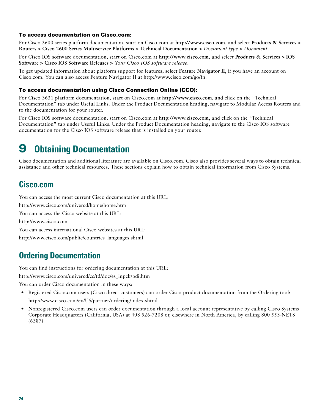 Cisco Systems 2691 quick start Obtaining Documentation, Cisco.com, Ordering Documentation 