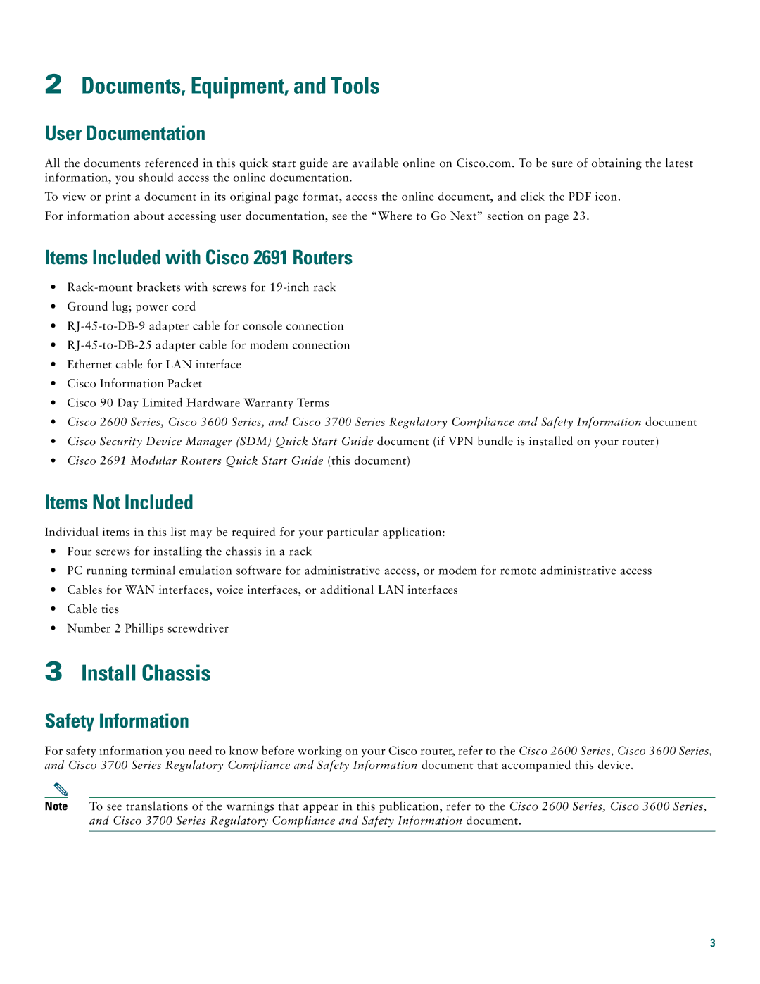 Cisco Systems 2691 quick start Documents, Equipment, and Tools, Install Chassis 