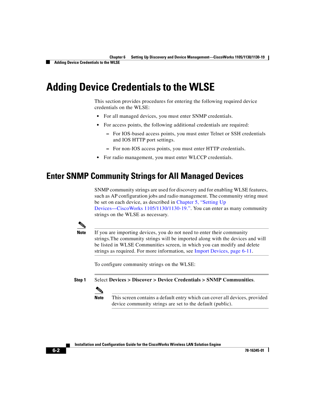 Cisco Systems 2.7 Adding Device Credentials to the Wlse, Select Devices Discover Device Credentials Snmp Communities 