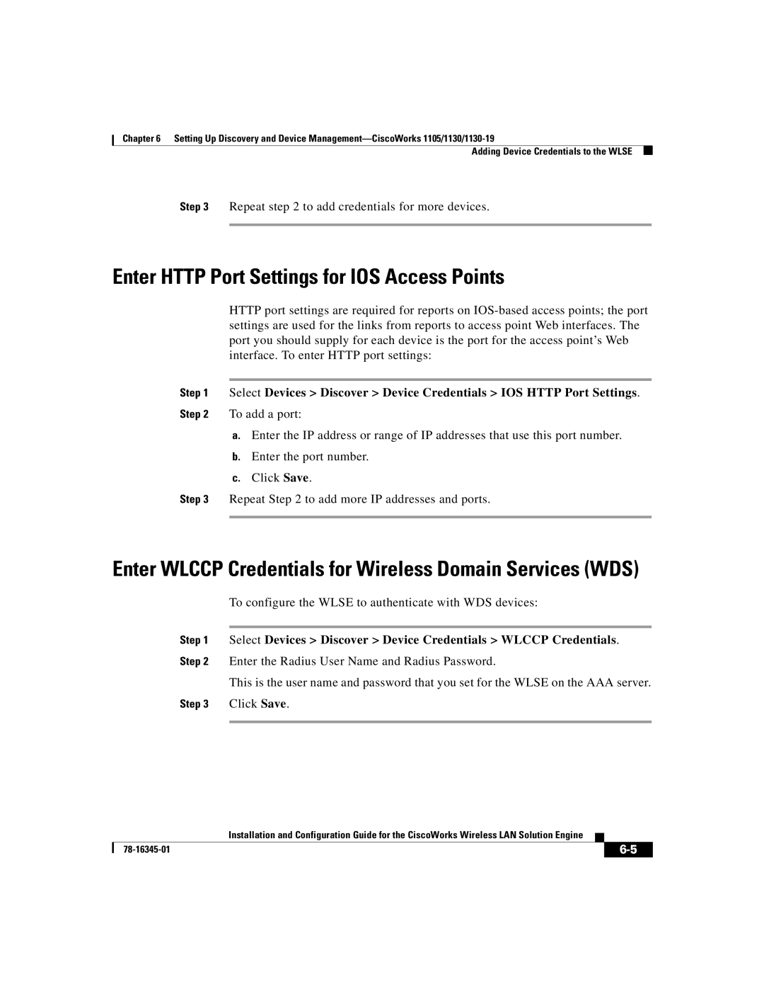 Cisco Systems 2.7 Enter Http Port Settings for IOS Access Points, Enter Wlccp Credentials for Wireless Domain Services WDS 