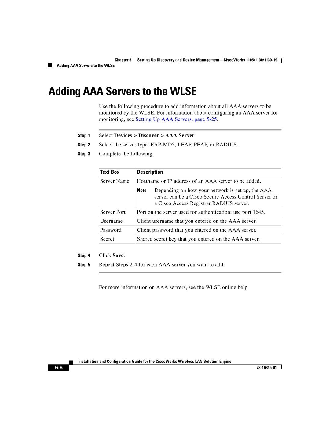 Cisco Systems 2.7 warranty Adding AAA Servers to the Wlse, Select Devices Discover AAA Server, Text Box Description 