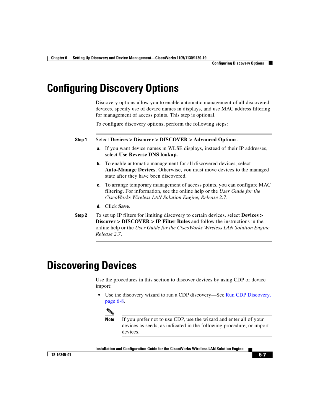 Cisco Systems 2.7 Configuring Discovery Options, Discovering Devices, Select Devices Discover Discover Advanced Options 