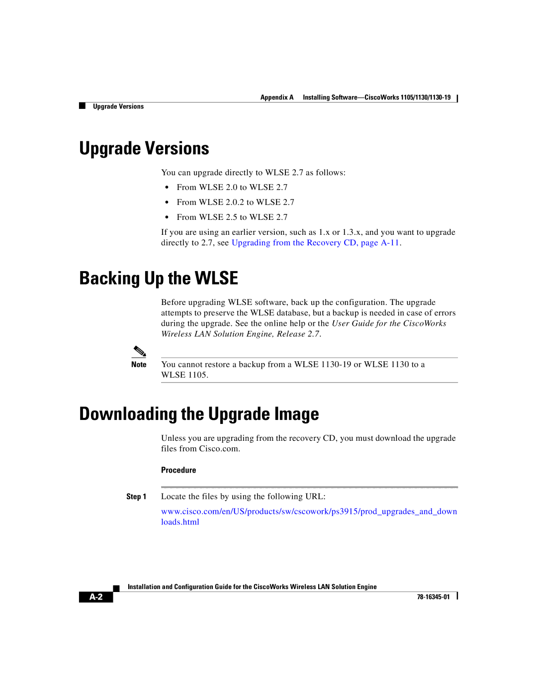 Cisco Systems 2.7 warranty Upgrade Versions, Backing Up the Wlse, Downloading the Upgrade Image 