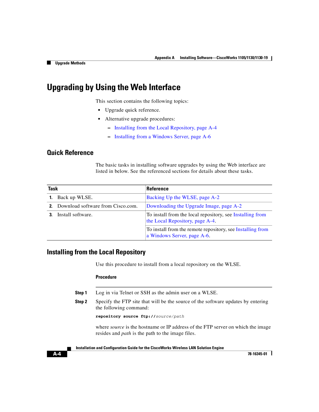 Cisco Systems 2.7 warranty Upgrading by Using the Web Interface, Quick Reference, Installing from the Local Repository 