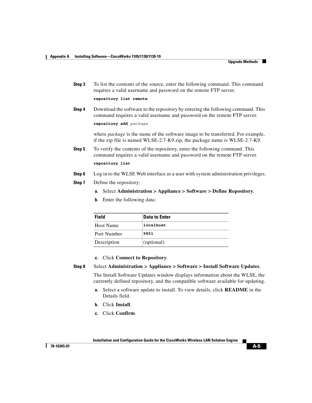 Cisco Systems 2.7 warranty Select Administration Appliance Software Define Repository, Field Data to Enter 