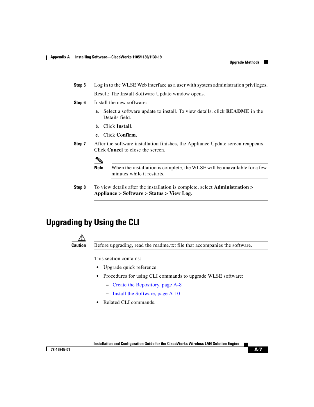 Cisco Systems 2.7 warranty Upgrading by Using the CLI, Appliance Software Status View Log 