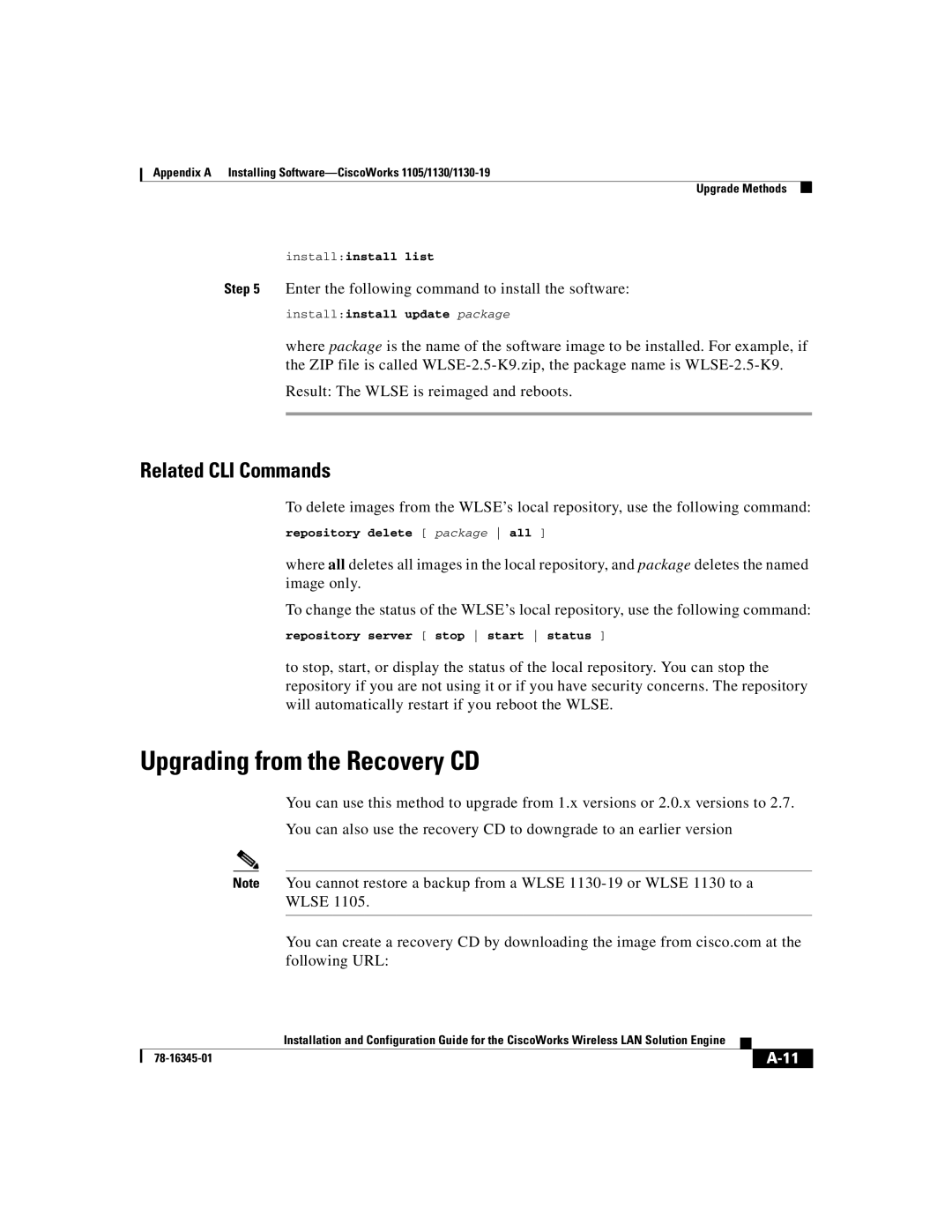 Cisco Systems 2.7 warranty Upgrading from the Recovery CD, Related CLI Commands 