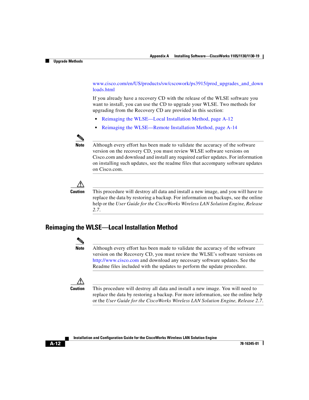 Cisco Systems 2.7 warranty Reimaging the WLSE-Local Installation Method 