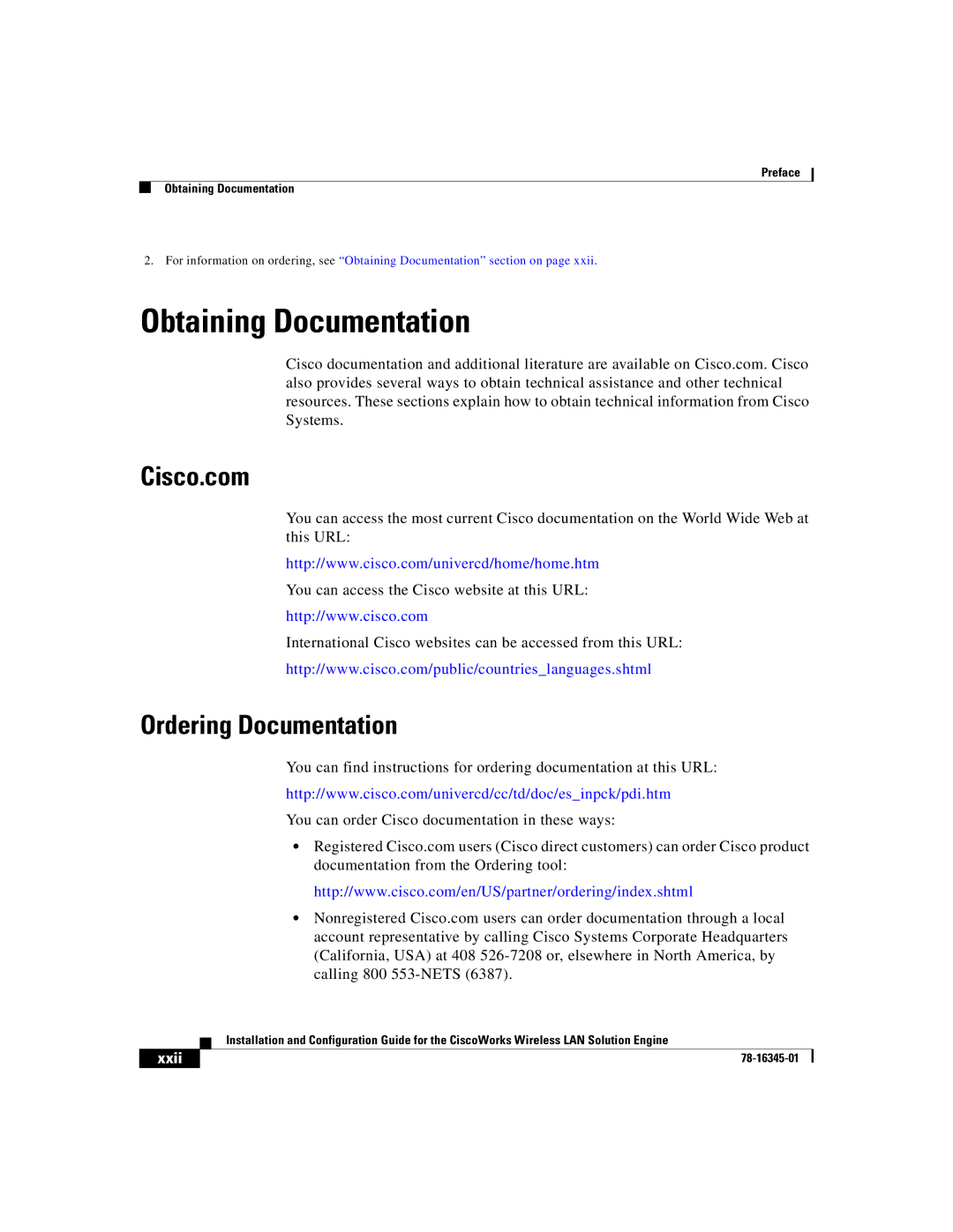 Cisco Systems 2.7 warranty Obtaining Documentation, Cisco.com, Ordering Documentation, Xxii 