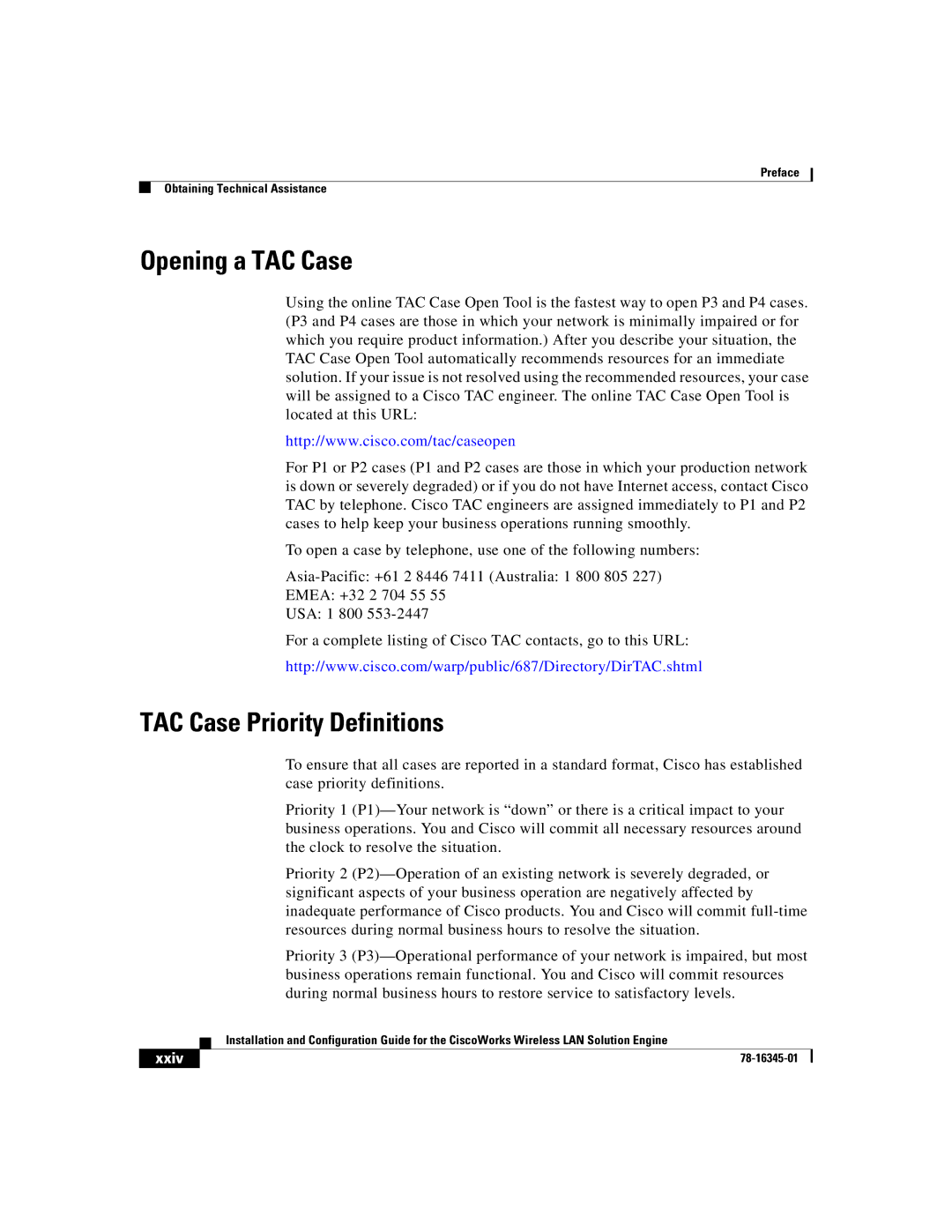 Cisco Systems 2.7 warranty Opening a TAC Case, TAC Case Priority Definitions, Xxiv 