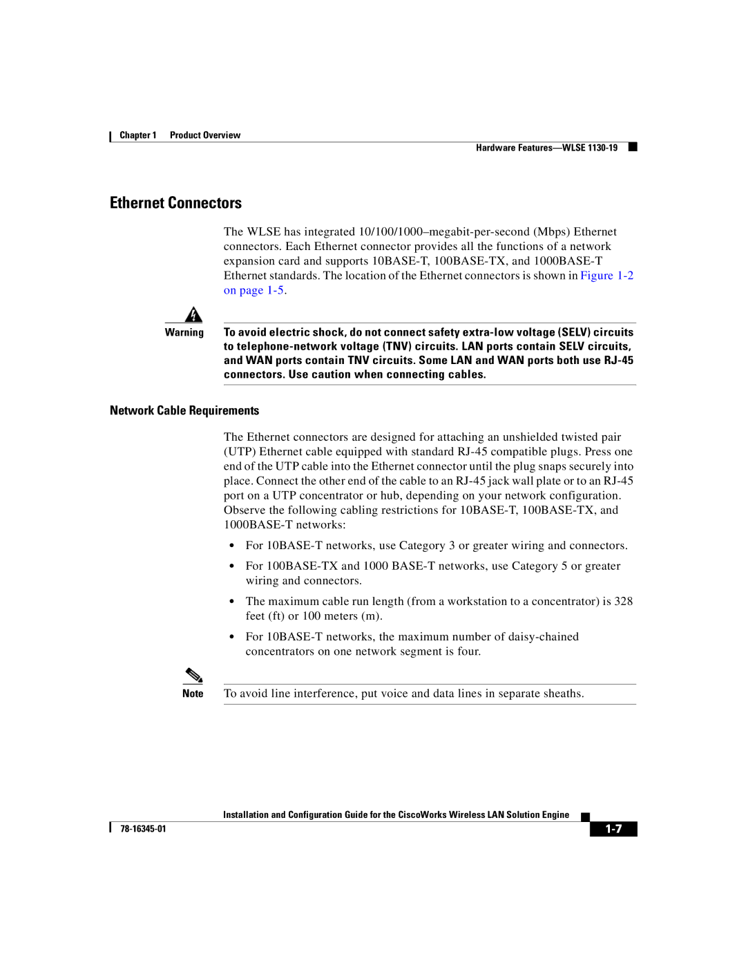 Cisco Systems 2.7 warranty Ethernet Connectors, Network Cable Requirements 