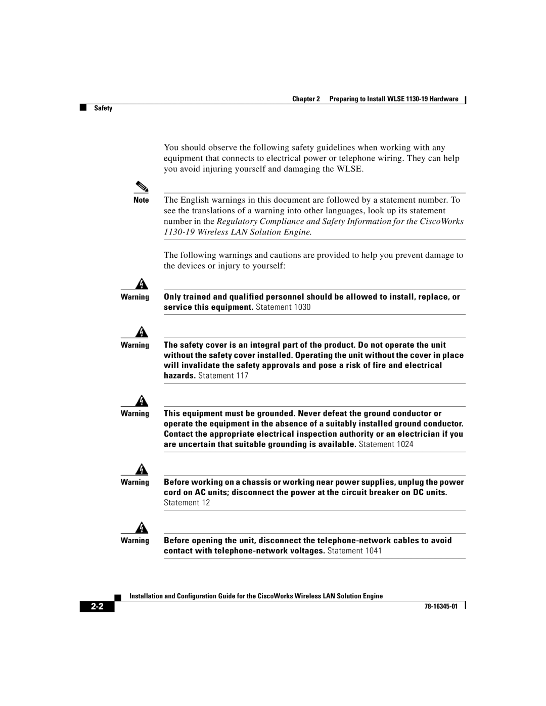 Cisco Systems 2.7 warranty Preparing to Install Wlse 1130-19 Hardware Safety 