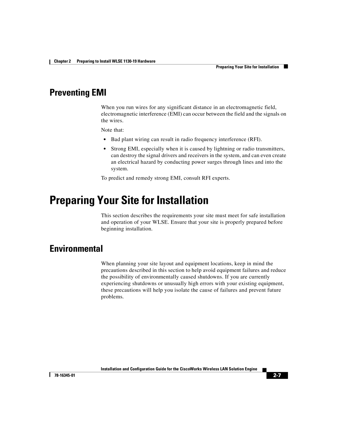 Cisco Systems 2.7 warranty Preparing Your Site for Installation, Preventing EMI, Environmental 