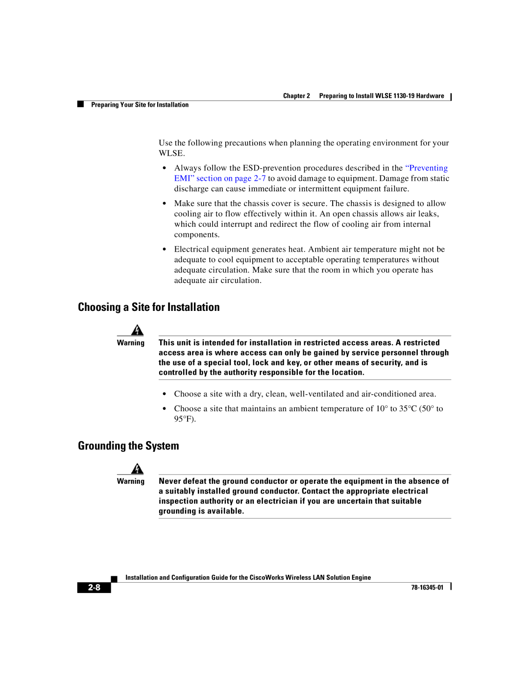 Cisco Systems 2.7 warranty Choosing a Site for Installation, Grounding the System 