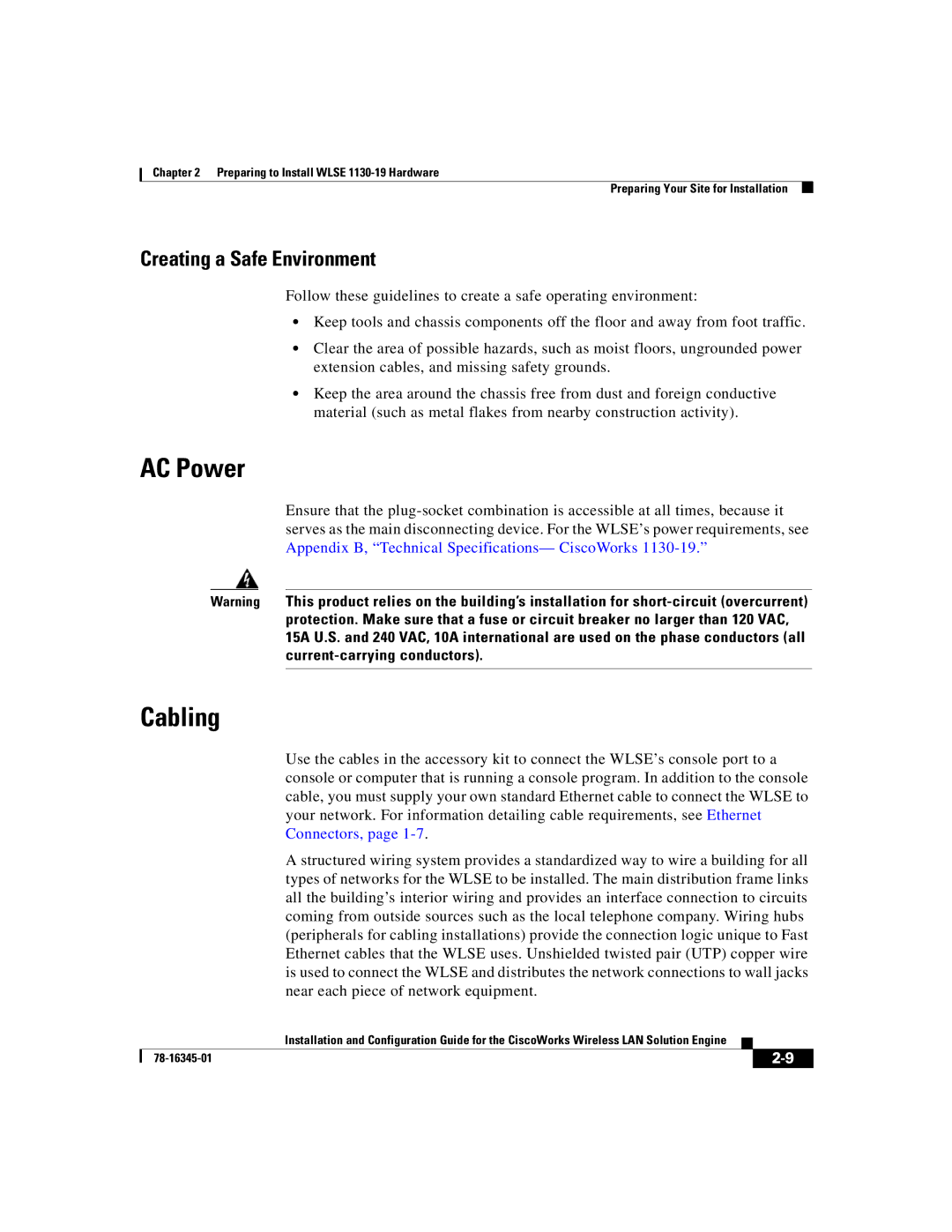 Cisco Systems 2.7 warranty AC Power, Cabling, Creating a Safe Environment 