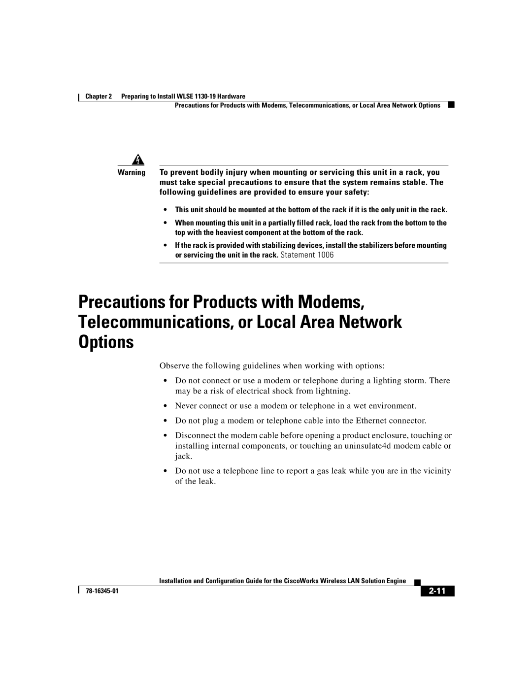 Cisco Systems 2.7 warranty Preparing to Install Wlse 1130-19 Hardware 