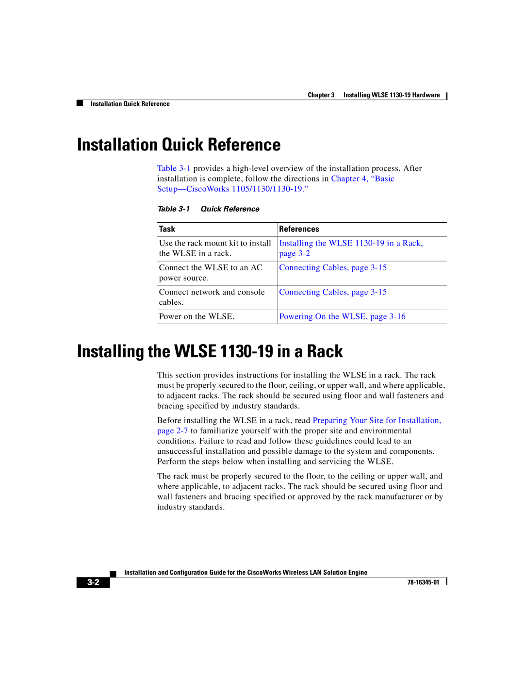 Cisco Systems 2.7 warranty Installation Quick Reference, Installing the Wlse 1130-19 in a Rack 