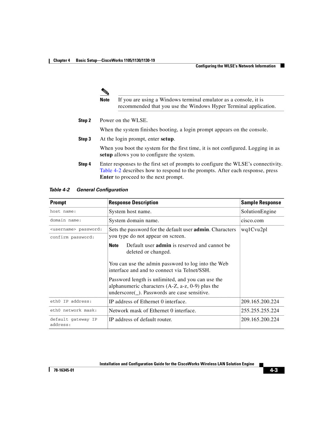 Cisco Systems 2.7 warranty Prompt Response Description, IP address of default router 209.165.200.224 