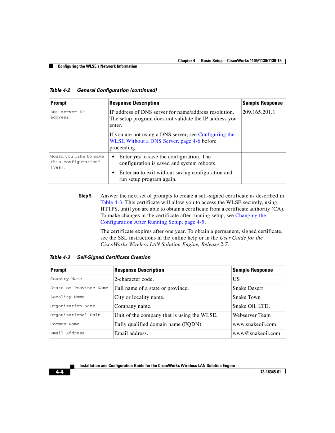 Cisco Systems 2.7 warranty Wlse Without a DNS Server, page 4-6 before, Prompt Response Description Sample Response 