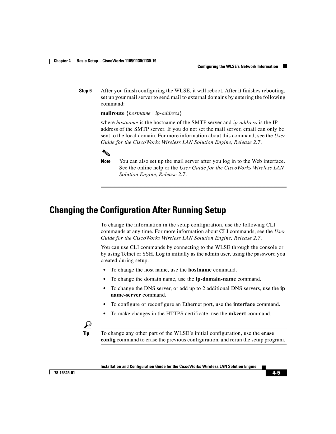 Cisco Systems 2.7 warranty Changing the Configuration After Running Setup, Mailroute hostname ip-address 