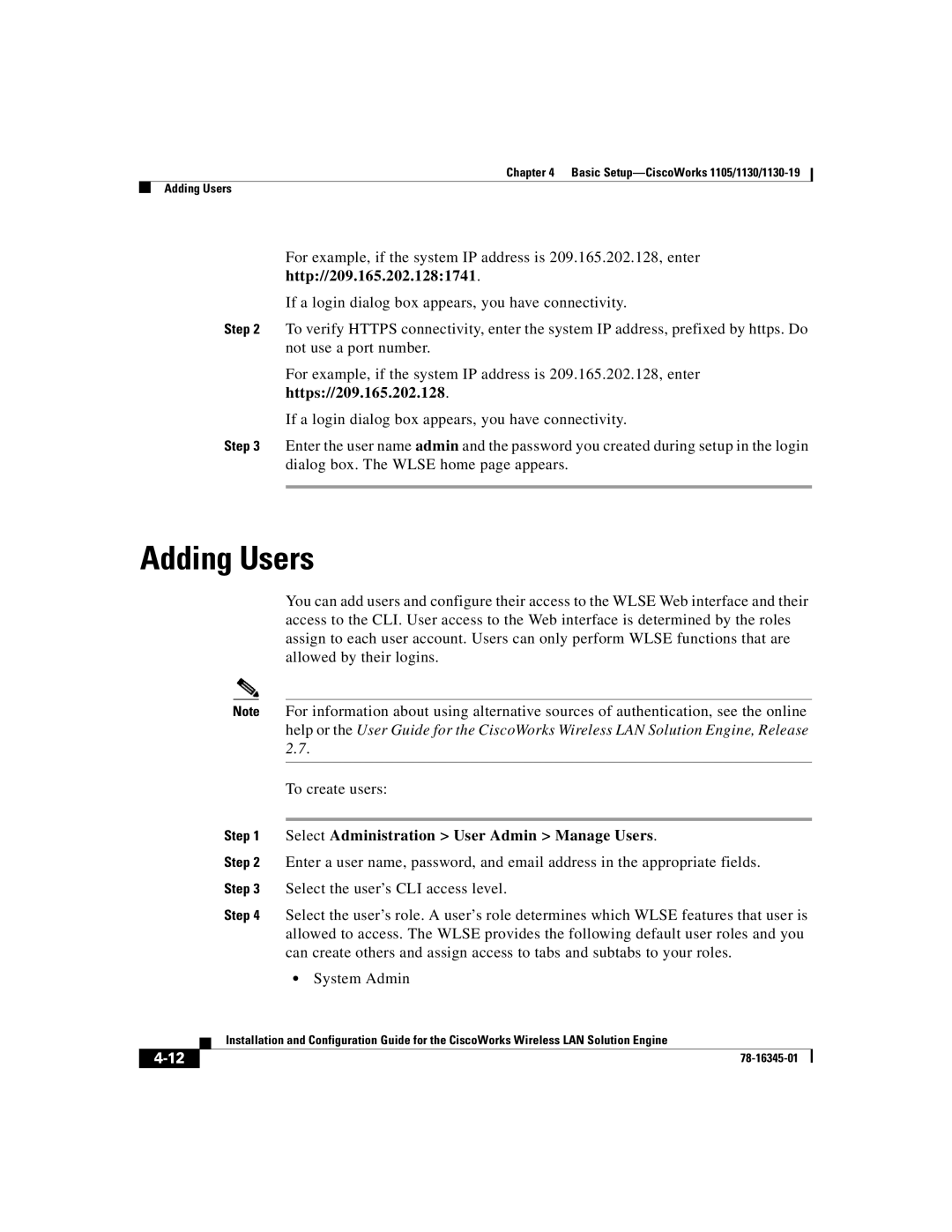 Cisco Systems 2.7 warranty Adding Users, Http//209.165.202.1281741, Select Administration User Admin Manage Users 